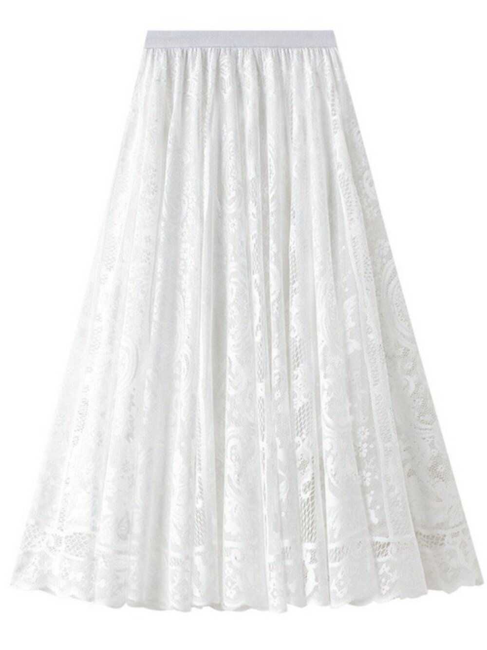 B65 Boho Lace Chiffon Midi Skirt ALine White NEW